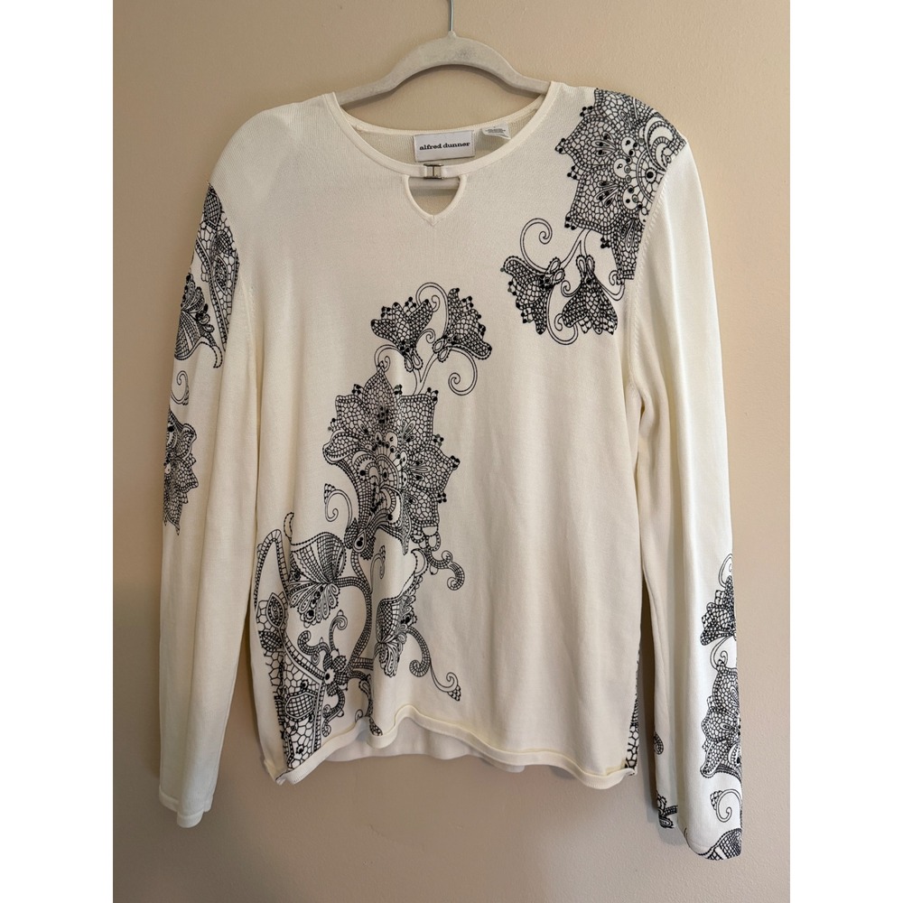 Alfred Dunner White Floral Embroidered Beaded Keyhole Sweater Womens Large